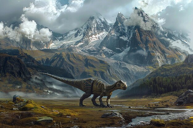 Imagine the ancient landscape where a mive dinosau generative ai