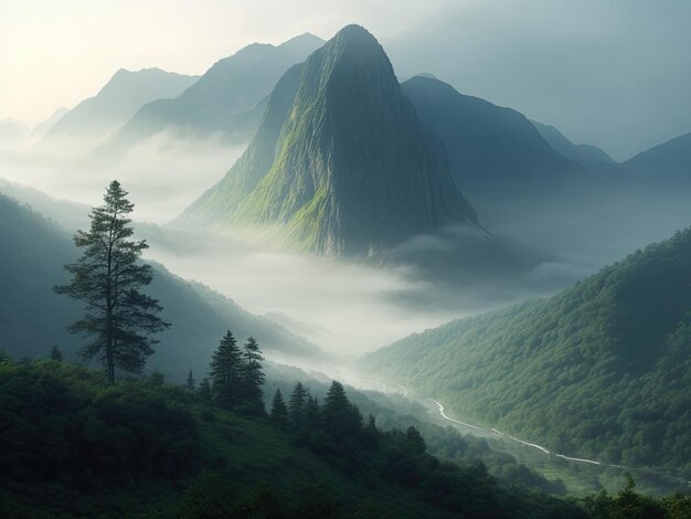 Imagine a breathtaking mountain landscape enveloped in morning mist