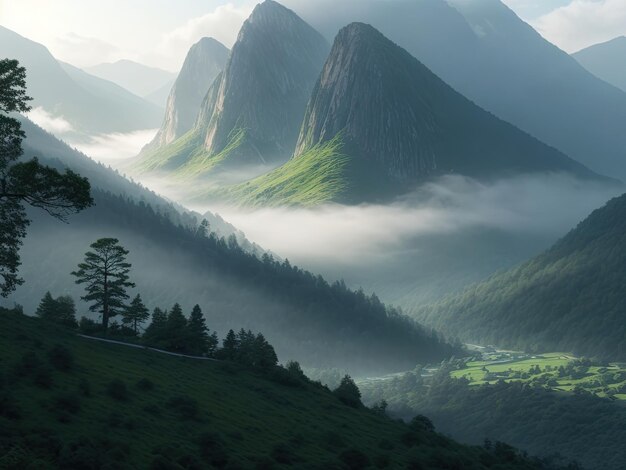 Imagine a breathtaking mountain landscape enveloped in morning mist