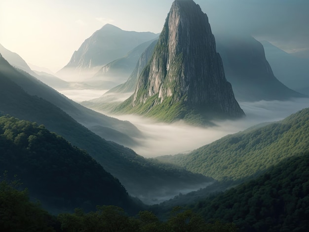 Imagine a breathtaking mountain landscape enveloped in morning mist