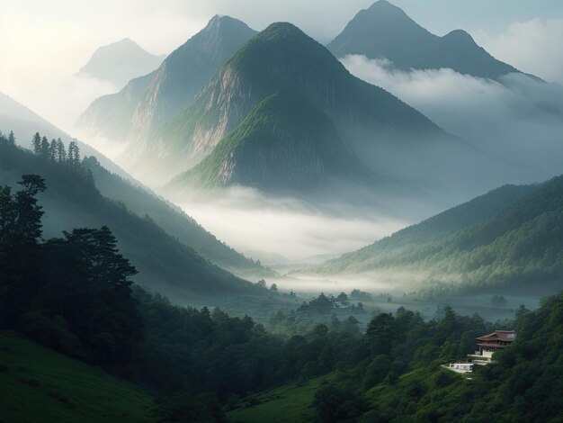 Imagine a breathtaking mountain landscape enveloped in morning mist