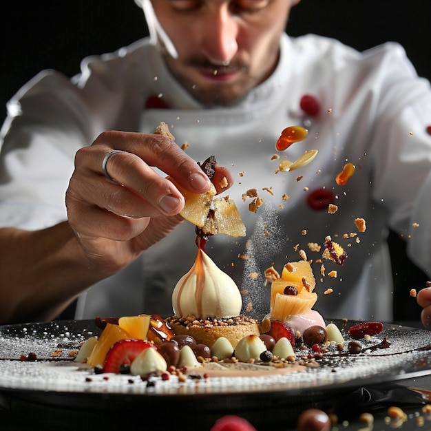 Photo imagine a chef creating a gourmet dessert featuring exotic fruits and spices