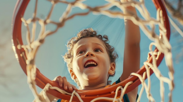 Imagine the childs determined expression as they focus on scoring the winning basket