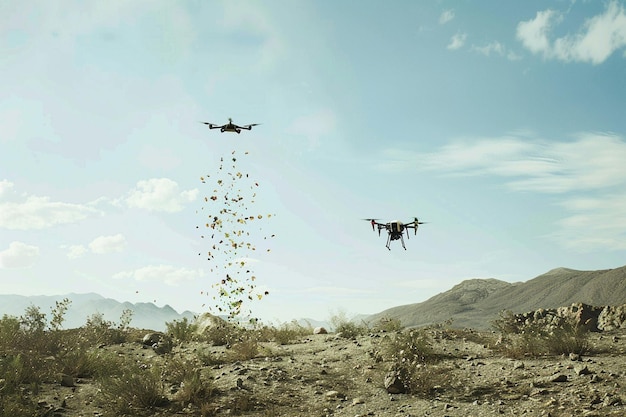 Imagine an image of a drone reforesting barren lan generative ai