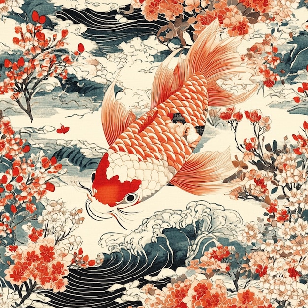 Photo imagine a kimono fabric inspired by traditional japanese woodblock prints ukiyoe