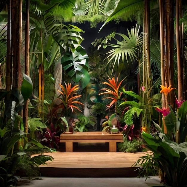 Imagine a lush untamed jungle as the backdrop for your product manipulation stage generated by AI