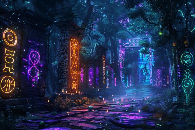 Photo imagine a mystical forest illuminated by neonlit h generative ai