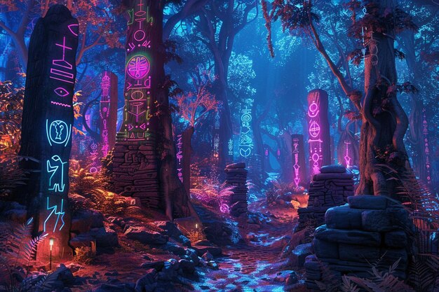 Photo imagine a mystical forest illuminated by neonlit h generative ai