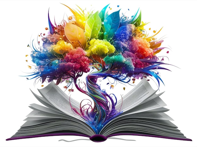 Imagine the picture of a open book and there is a colorful tree Education knowledge concept