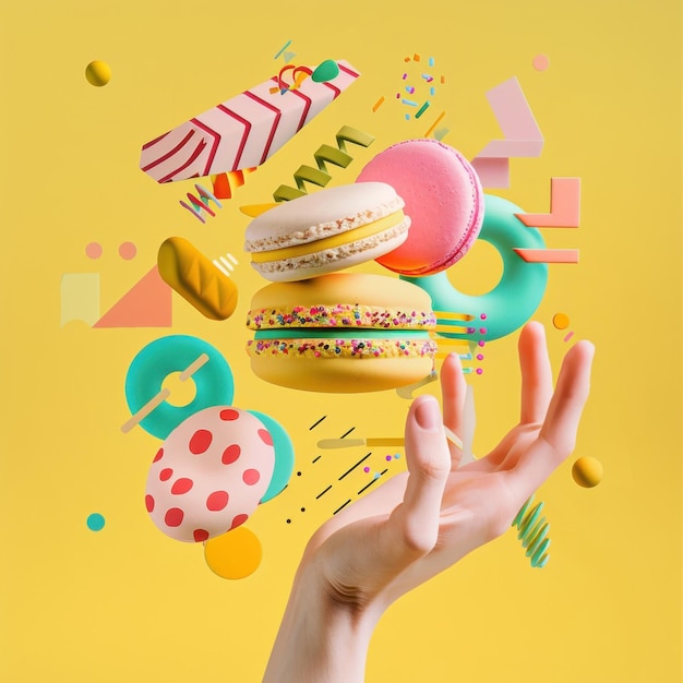 Photo imagine prompt a hand balancing a macaron surrounded by abstract shapes in a vibrant color scheme ag