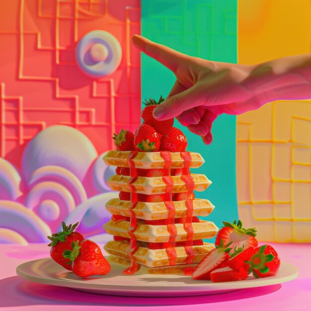 Photo imagine prompt a hand pointing at a stack of waffles with strawberries set against a retrothemed bac