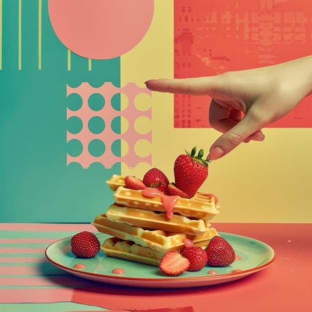 Photo imagine prompt a hand pointing towards a stack of waffles with strawberries on a retroinspired backg