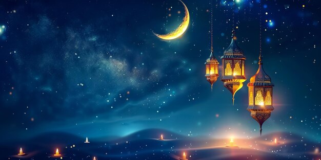 Imagine a serene Ramadan scene with traditional lanterns emitting a warm glow against a backdrop of a starry night sky and a crescent moon all bathed in the tranquil blues of dusk