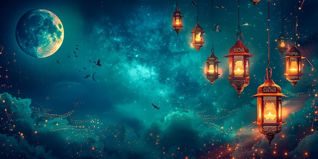 Imagine a serene Ramadan scene with traditional lanterns emitting a warm glow against a backdrop of a starry night sky and a crescent moon all bathed in the tranquil blues of dusk