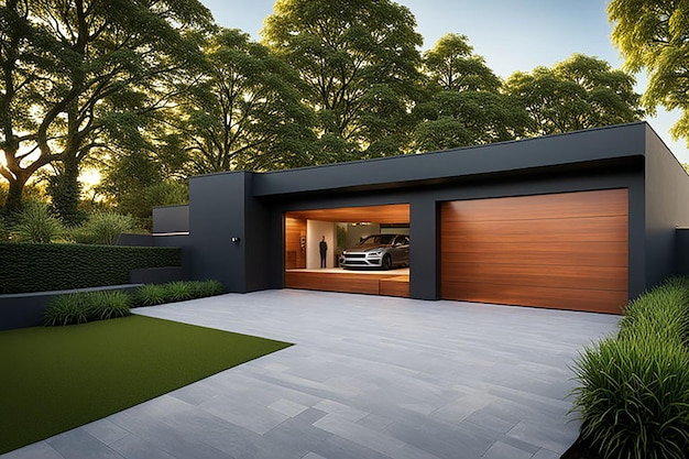 Imagine a sleek modern garage integrated into the design of a contemporary home The garage feature