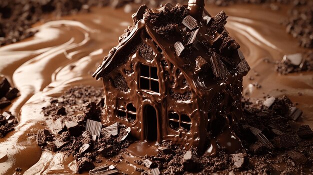 Imagine a surreal scene where a massive house is entirely built from elements of chocolate mousse T