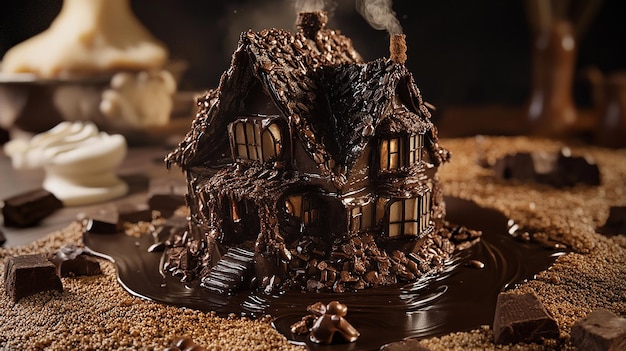 Imagine a surreal scene where a massive house is entirely built from elements of chocolate mousse T