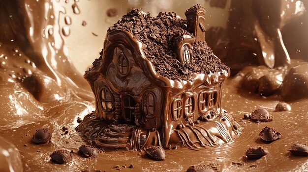 Imagine a surreal scene where a massive house is entirely built from elements of chocolate mousse T