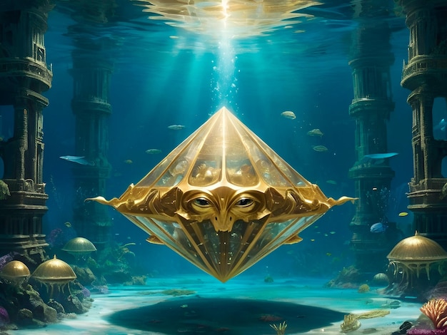 Imagine a under water Alien lost city gold diamond Perl are reflecting