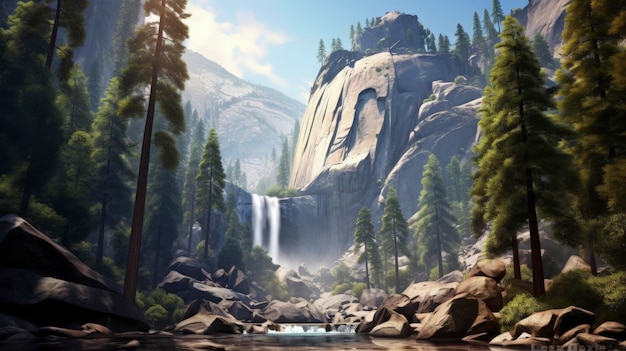 Imagine yosemite national park usa towering granite cliffs Created with Generative AI technology