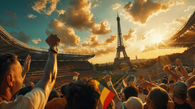 Imagined AI scene of a crowd cheering at a sports event by the Eiffel Tower in Paris 2024 Olympics