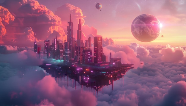 Photo imagining a cityscape above clouds illuminated by lights with a futuristic ambiance aig59