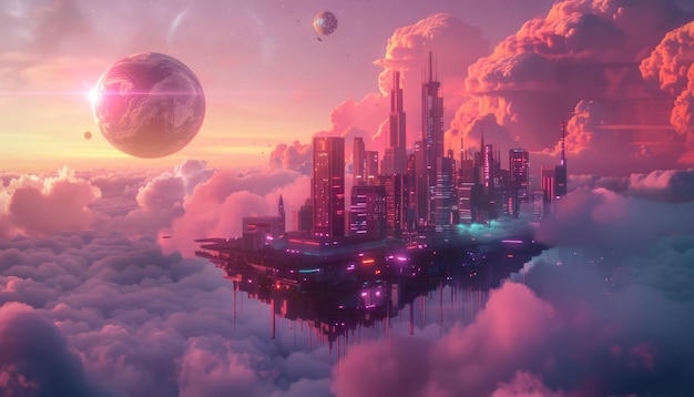 Photo imagining a cityscape above clouds illuminated by lights with a futuristic ambiance aig59