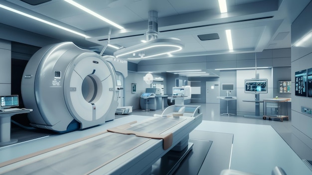 An immaculate hospital MRI room with pristine white interiors cuttingedge imaging technology and a focus on creating a calming clinical space for patients