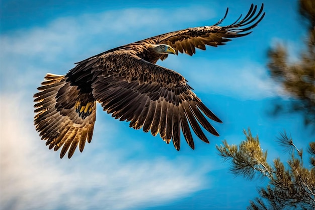 An immature bald eagle soars through the sky on a sunny morning at Sea