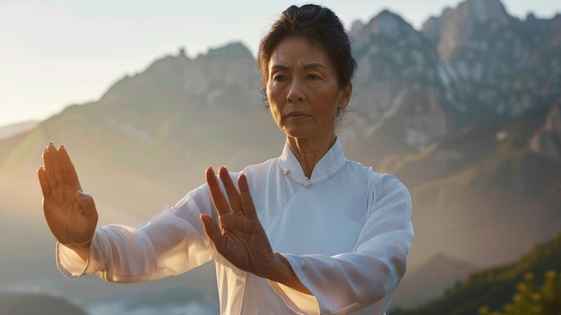 Photo immerse in tai chi in a serene mountain landscape connecting with nature and finding inner peace aig58