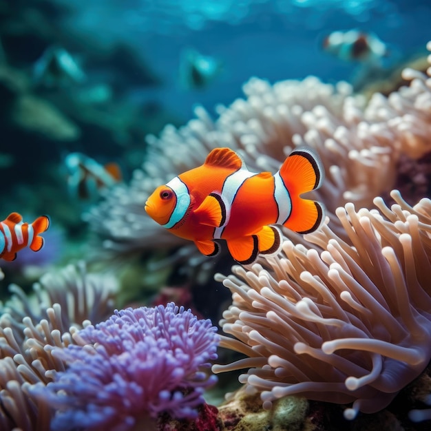 Immerse yourself in the beauty of the ocean with a clownfish swimming near colorful coral and anemon