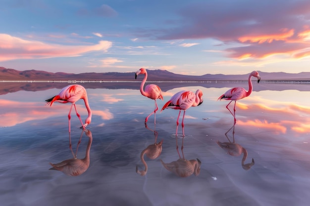 Immerse yourself in the colorful dawn hues over Bolivias salt flats with a flock of pink flamingos