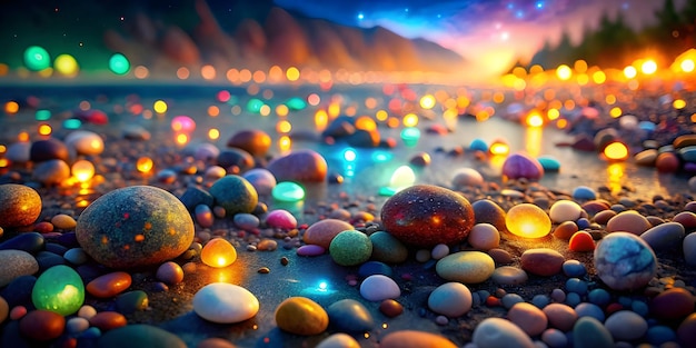 Immerse yourself in a dreamlike landscape surrounded by glowing pebbles of various colors