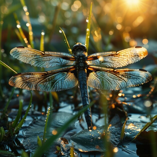 Photo immerse yourself in the enchanting world of a closeup photograph of a delicate dragonfly