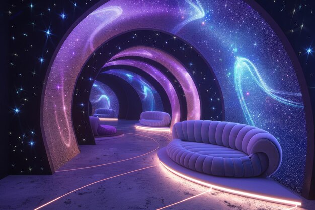 Photo immerse yourself in the futuristic lounge with glowing archways and a starlit ambiance