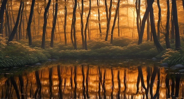 Immersing in the Serene Harmony of a Lush Forest at Sunset