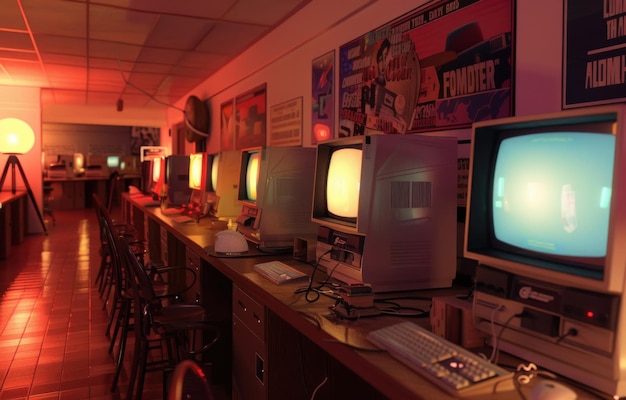 Photo an immersive 3d depiction of a 1990s internet cafe with bulky crt monitors and early web design posters