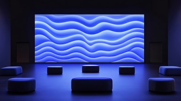 Photo immersive blue light installation with wave patterns in a dark room