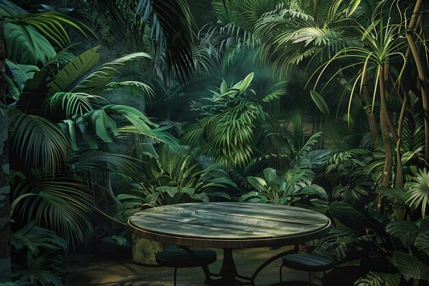 Immersive depiction of table in lush tropical setting