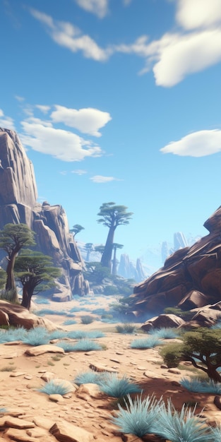 Immersive Desert Scene With Volumetric Lighting And Arcadian Landscapes