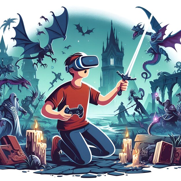 Photo immersive fantasy vr adventure with spells swords and magical creatures