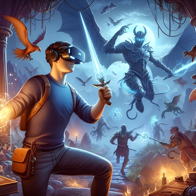 Photo immersive fantasy vr adventure with spells swords and magical creatures