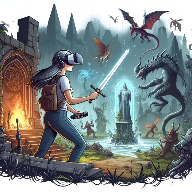 Photo immersive fantasy vr adventure with spells swords and magical creatures