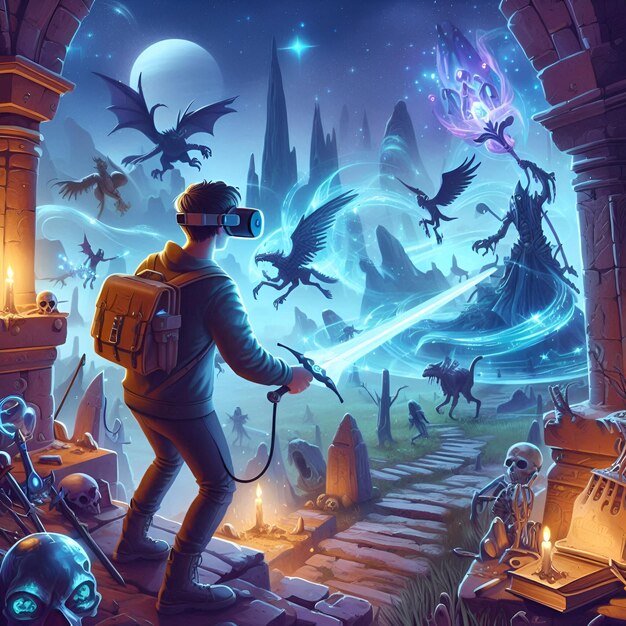 Photo immersive fantasy vr adventure with spells swords and magical creatures