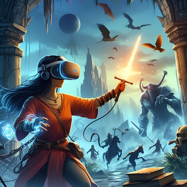 Photo immersive fantasy vr adventure with spells swords and magical creatures