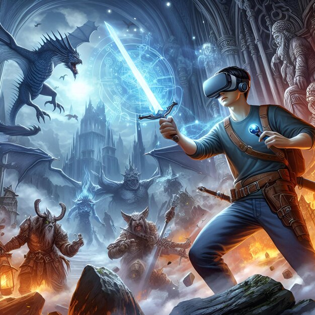 Photo immersive fantasy vr adventure with spells swords and magical creatures