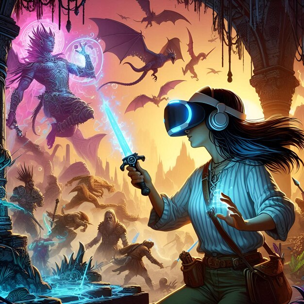 Photo immersive fantasy vr adventure with spells swords and magical creatures