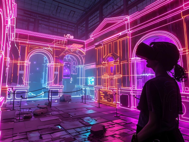 Photo immersive retrofuturistic digital heritage experience with holographic history lessons and neon drenched ruins