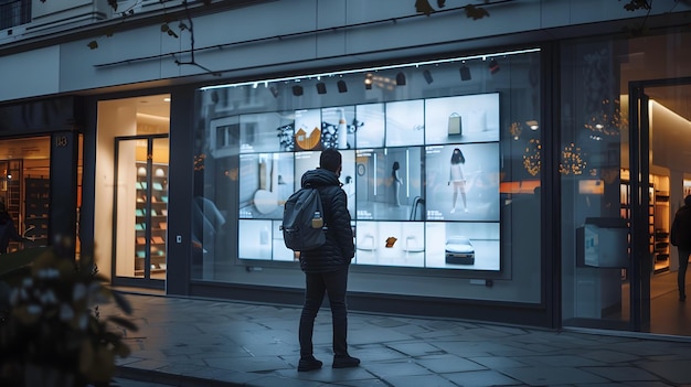 Photo immersive storefront mockup showcases interactive window display and passersby reactions