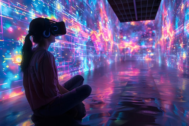 Photo immersive virtual reality experience in a colorful digital environment